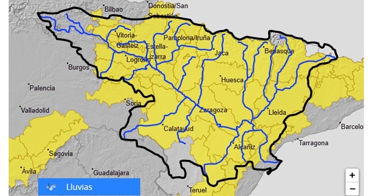 Como consecuencia de los avisos amarillos de la AEMet por lluvias intensas, se advierte de la posibilidad de crecidas súbitas en barrancos y cauces menores en Castilla y León (Soria), País Vasco (Álava), Navarra, La Rioja, Aragón, Cataluña (Lleida y Tarragona) y Comunidad Valenciana (noroeste de Castellón)