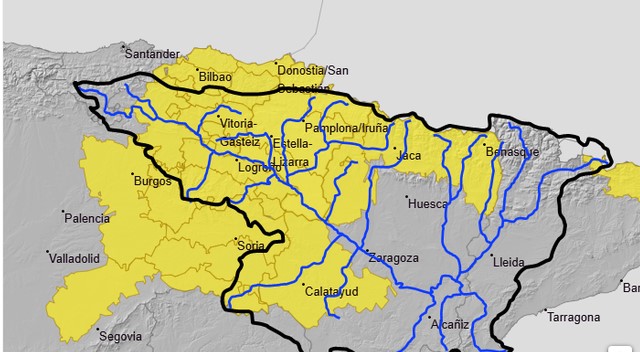 Como consecuencia de los avisos de la AEMet por lluvias intensas, se advierte de la posibilidad de crecidas súbitas importantes en barrancos y cauces menores en las comunidades autónomas de Castilla y León (Burgos y Soria), País Vasco, La Rioja, Navarra y Aragón (Huesca y Zaragoza)